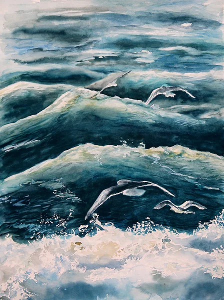 Deniz dalgaları ve martılar — Stok fotoğraf