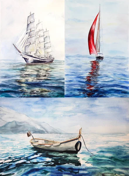 Havet fartyg akvarellmålning — Stockfoto