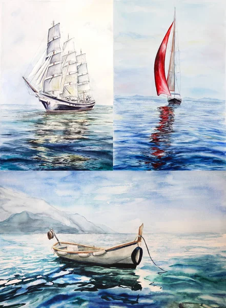 sea ships watercolor painting