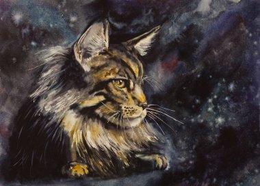 yıldızlı gökyüzü suluboya resim ile kedi