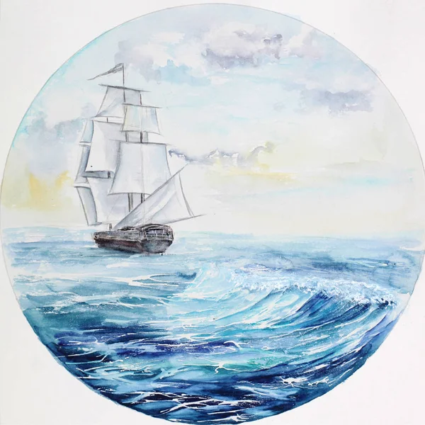 Deniz suluboya resim çizimde yelkenli gemi