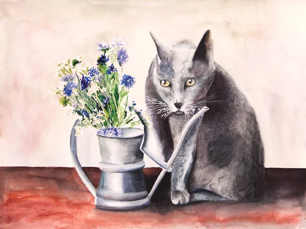 Ilustração de aquarela de gato — Fotografia de Stock