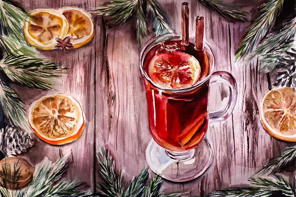 Zimní pije svařené víno akvarel ilustrace — Stock fotografie