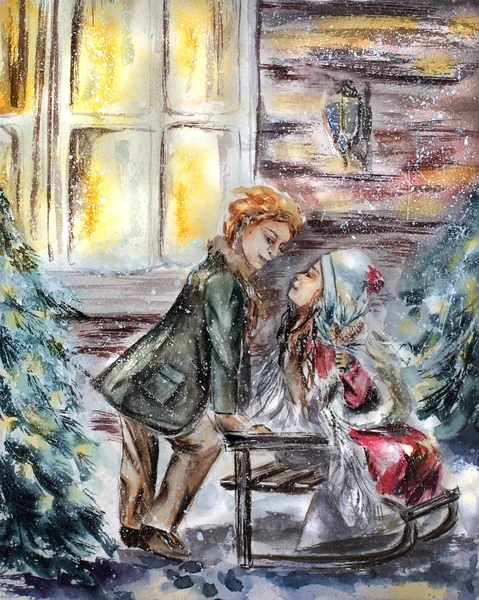 Зимова ілюстрація картки хлопчик і дівчинка розмовляють — стокове фото
