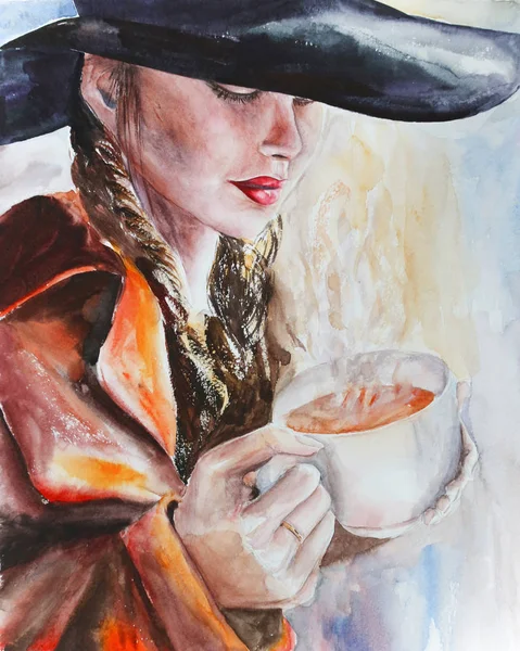 şapkalı bir fincan çay ile portre genç bayan