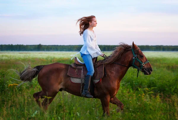 Donna equitazione cavallo baia — Foto Stock