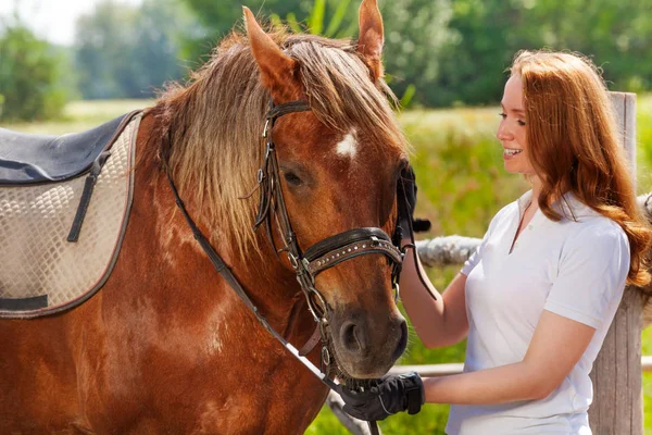 Donna che nutre il suo cavallo baia — Foto Stock