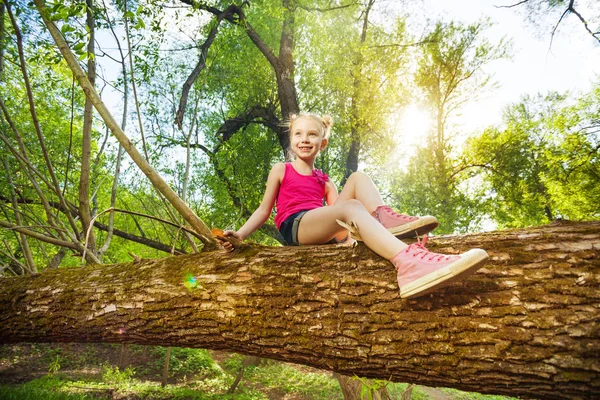 Girl sitting on fallen tree — Stock Photo, Image