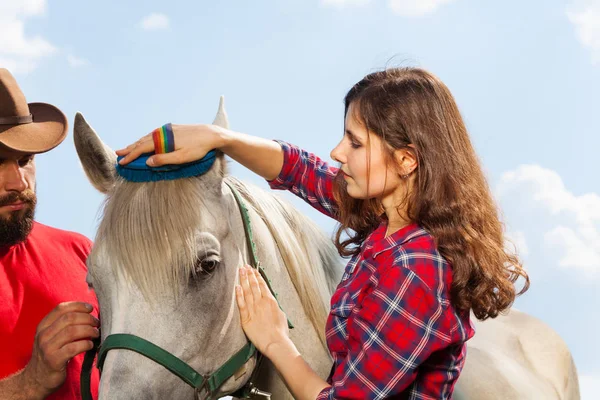 Pareja cepillando caballo blanco —  Fotos de Stock