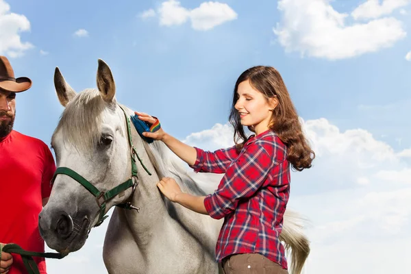 Mujer arreglando su caballo blanco —  Fotos de Stock