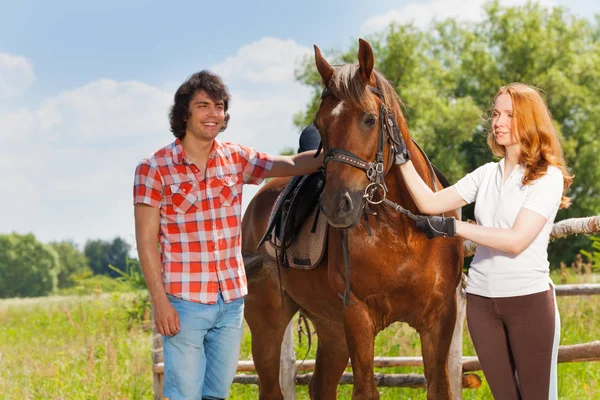 Pareja caminando con caballo de bahía —  Fotos de Stock