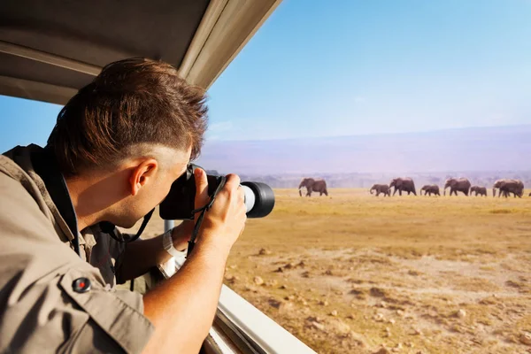 Homme prenant des photos de troupeau d'éléphants — Photo