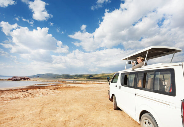 photographer taking photos of hippopotamuses from minibus