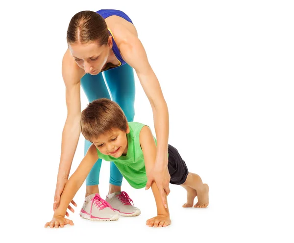 Kid boy doing exercises with mother — Stock Photo, Image