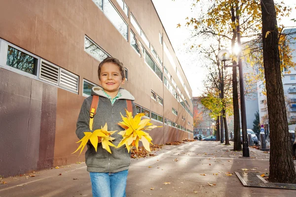 Mały chłopiec trzyma jesienne bukiety — Zdjęcie stockowe