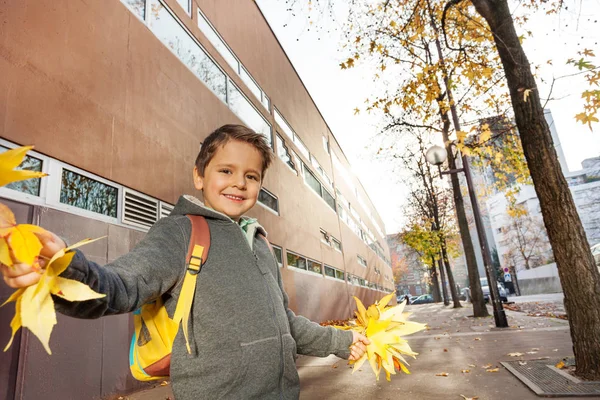 Menino segurando cachos outonais — Fotografia de Stock