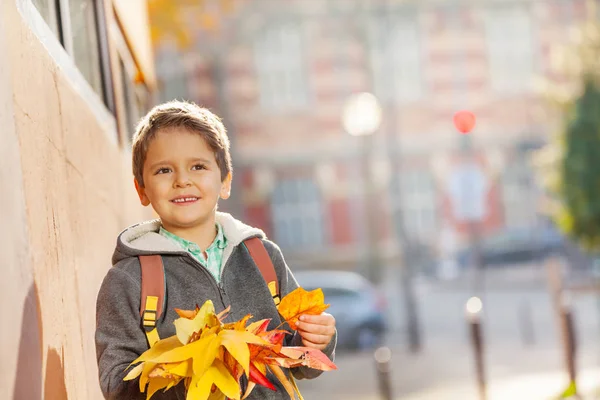 Pequeño niño sosteniendo otoñal manojo — Foto de Stock