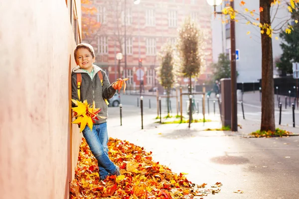 Liten pojke innehav höstlig gäng — Stockfoto