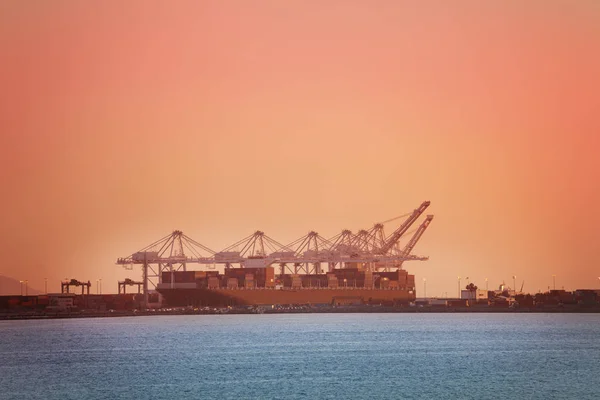 Port s jeřáby při západu slunce — Stock fotografie