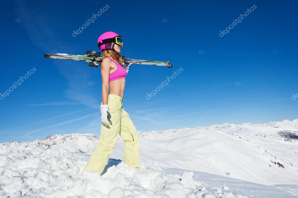 skier in helmet and bra