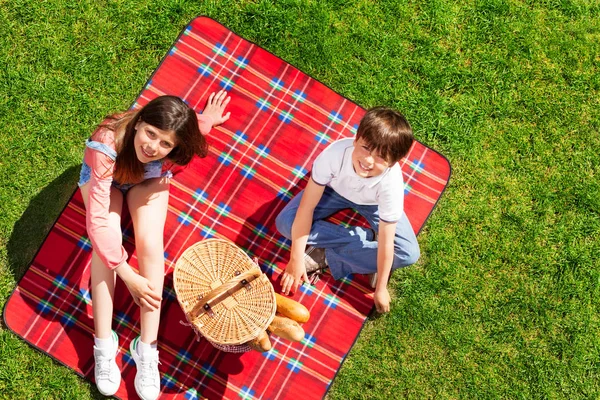 Erkek ve kız üzerinde piknik battaniye — Stok fotoğraf