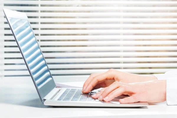 Nő kezében laptop használata — Stock Fotó