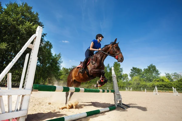 Pferd mit Reiterin springt über Hürde — Stockfoto