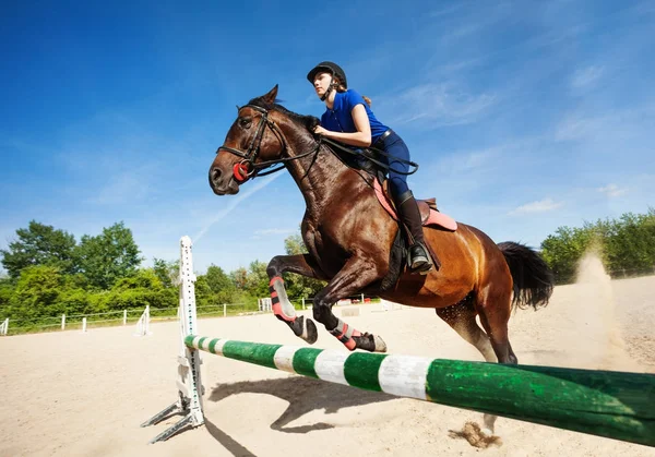 Cavalo com mulher de cavalo pulando sobre um obstáculo — Fotografia de Stock