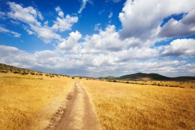 Kurak Afrika savana ile toprak dağlara giden yol üzerinde güzel cennet