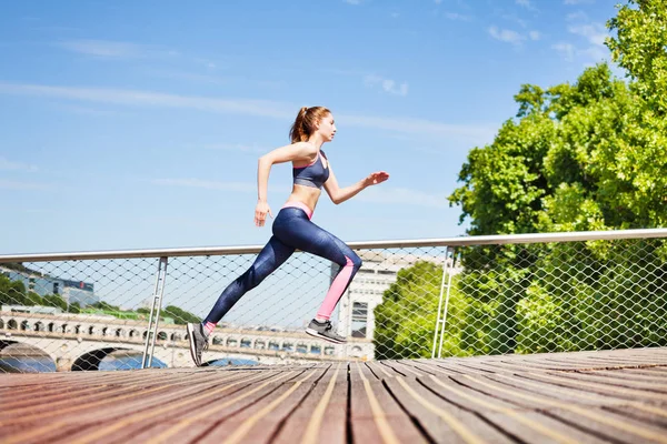 Side View Female Athlete Sprinting Outdoors City Race Track — Stock Photo, Image