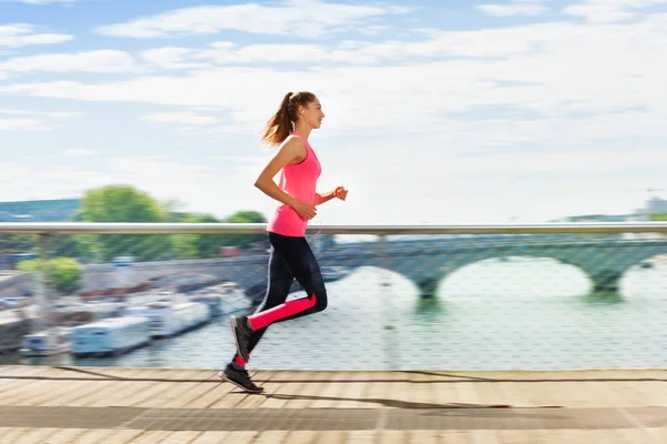 Side View Active Young Woman Sportswear Running Bridge — Stock Photo, Image