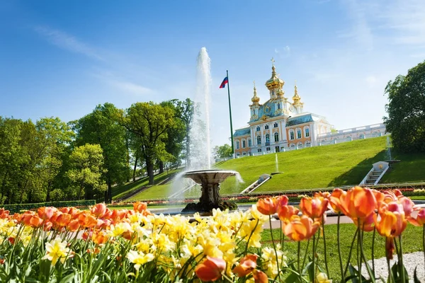 Schilderachtig Uitzicht Het Grand Palace Frans Kom Fontein Lagere Park — Stockfoto