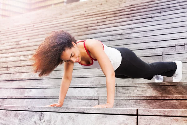 Beautiful African Sportswoman Holding Plank Exercising Outdoors City Stairs — Stock Photo, Image