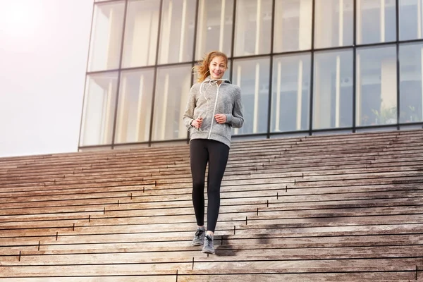 Full Length Portrait Happy Young Woman Sportswear Going Downstairs Part — Stock Photo, Image