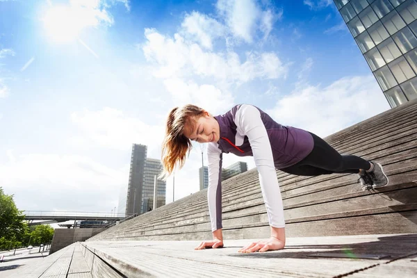 Low Angle View Beautiful Young Sportswoman Performing Plank Exercises Outdoors — Stock Photo, Image