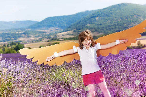 Chica Feliz Vestido Pájaro Jugando Campo Lavanda Verano —  Fotos de Stock