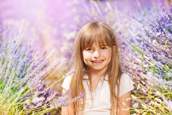 Portrait Adorable Blond Girl Playing Lavender Field Sunny Day — Stock Photo, Image