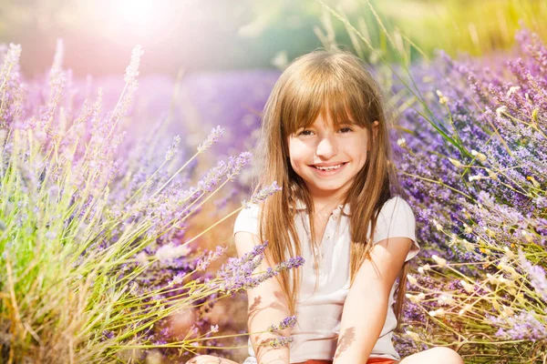 Portrait Adorable Blond Girl Sitting Ground Lavender Field Summer — Stock Photo, Image
