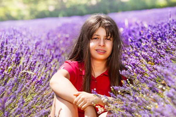 Portrait Dark Haired Teenage Girl Sitting Rows Lavender Field Looking — Stock Photo, Image