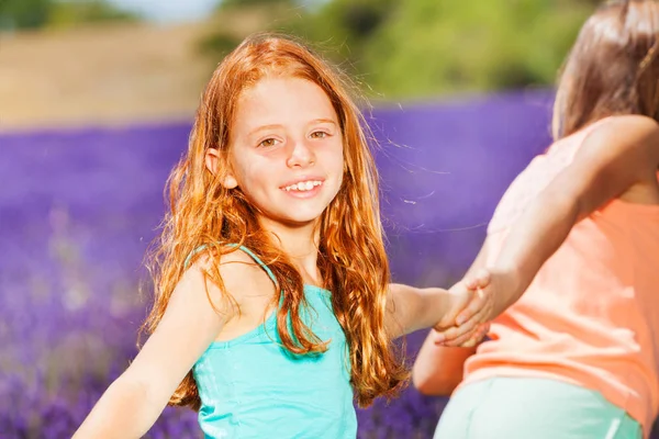 Portrait Preteen Red Headed Girl Holding Hand Her Friend While — Stock Photo, Image