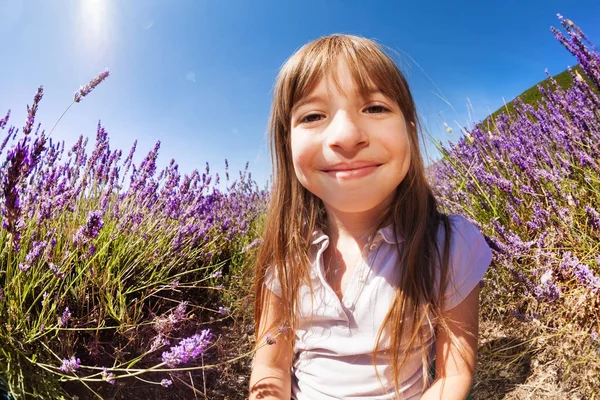 Close Portrait Happy Blond Girl Sitting Ground Lavender Field Summer — Stock Photo, Image