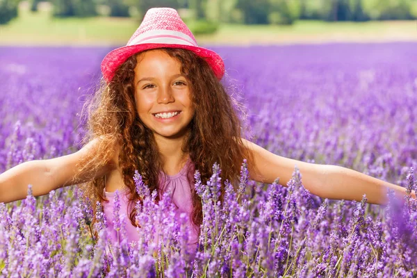 Portrait Curly Preteen Girl Hiding Lavender Field Summer — Stock Photo, Image