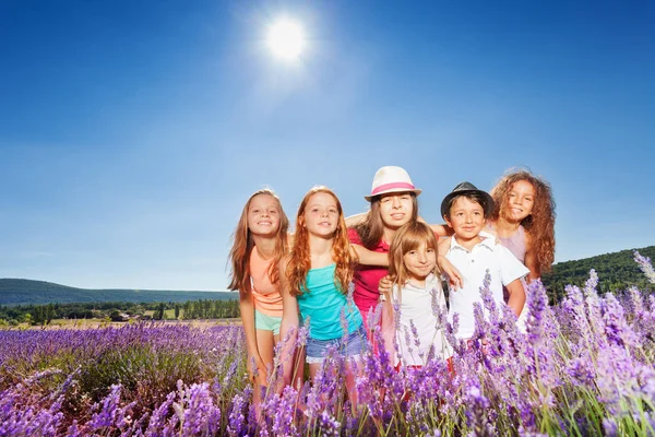 Six Happy Kids Standing Lavender Field Hugging Sunny Day — Stock Photo, Image