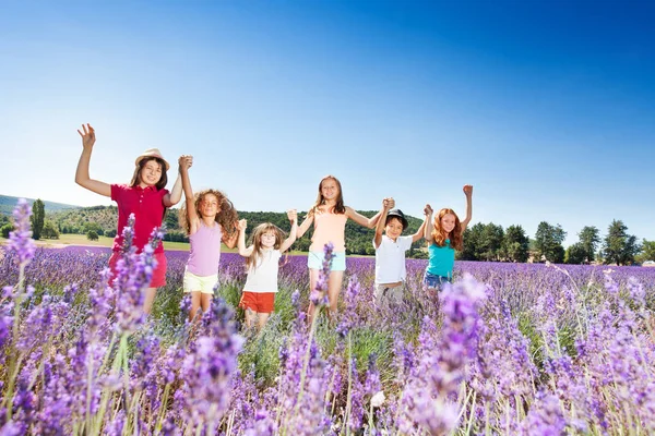 Six Happy Kids Age Diverse Boy Girls Holding Hands While — Stock Photo, Image