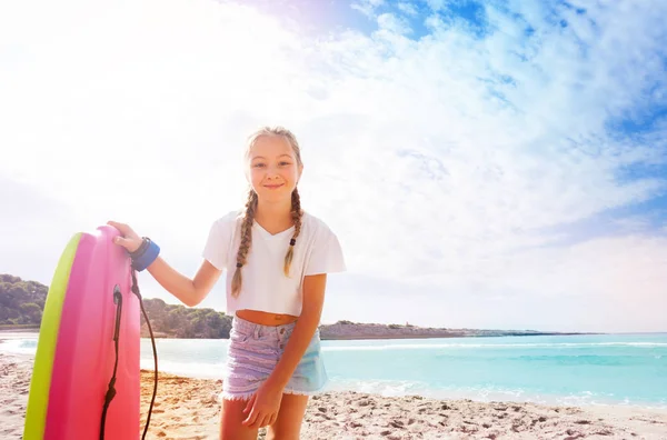 Happy Braided Girl Body Board Standing Sandy Sunny Beach Bending — Stock Photo, Image