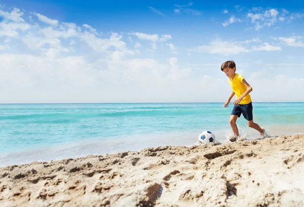 Portrait Cute Boy Yellow Shirt Playing Football Sandy Sunny Beach — Stock Photo, Image