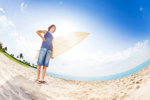 Wide Angle Lens Portrait Confident Teenage Surfer Standing Sandy Beach — Stock Photo, Image