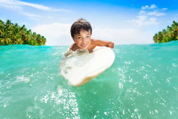 Little Boy Swims Wave Surfing Board Sea — Stock Photo, Image