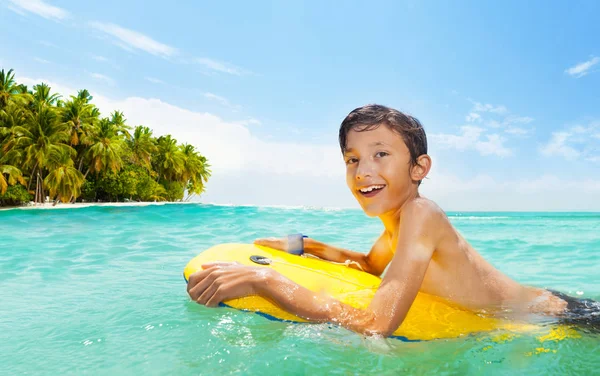 Boy Swims Water Body Board Sea Tropical Island Big Smile — Stock Photo, Image