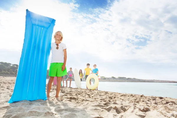 Cute Blond Preteen Boy Standing Holding Swimming Matrass Sandy Sunlit — Stock Photo, Image